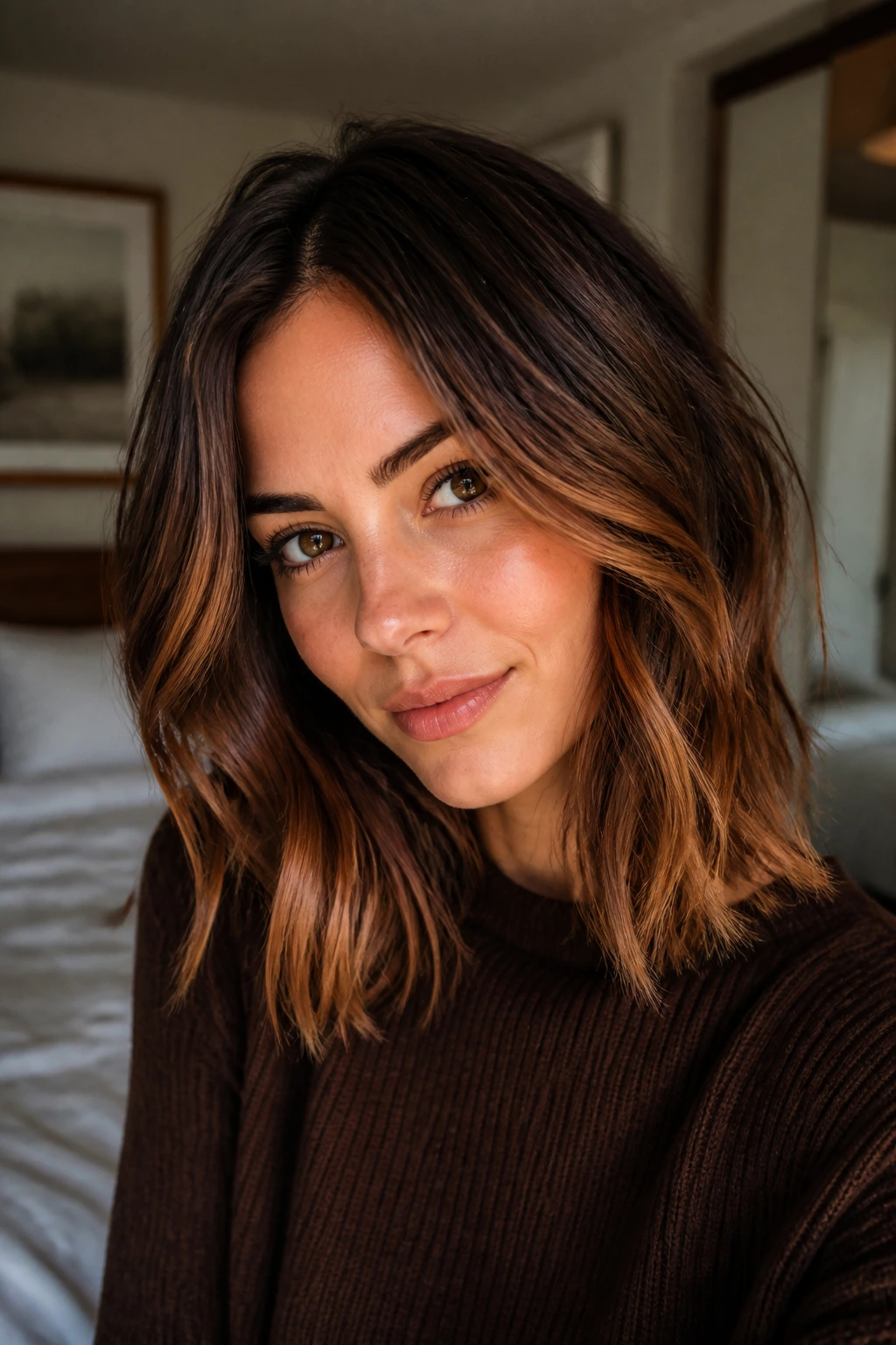 Close-up portrait of a real woman showing dimensional fall hair color with root shadow and balayage in a cozy window-lit room