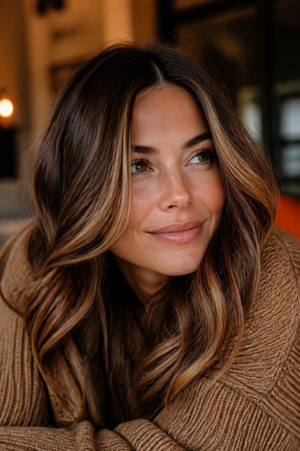 Close-up portrait of a woman with brunette hair and caramel highlights in warm cozy lighting