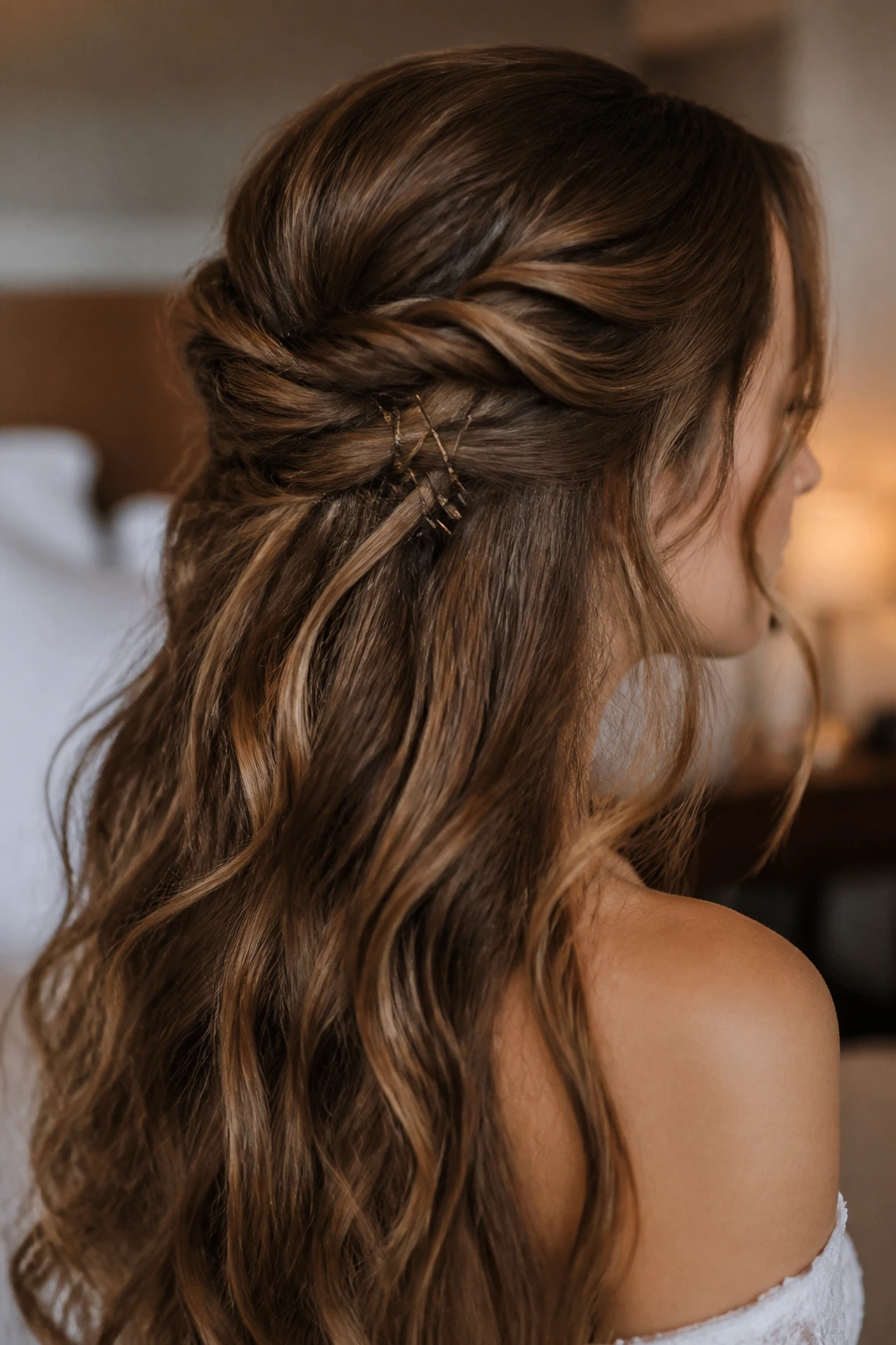 Real bride with a compact half-up hairstyle and visible pins