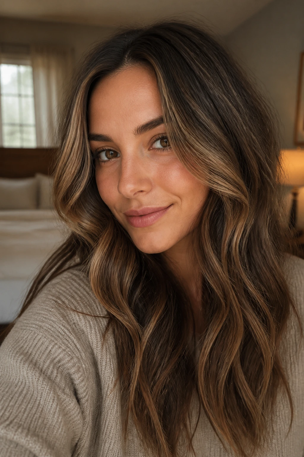 Close-up of brunette hair with subtle fall highlights on a real person, natural window light.