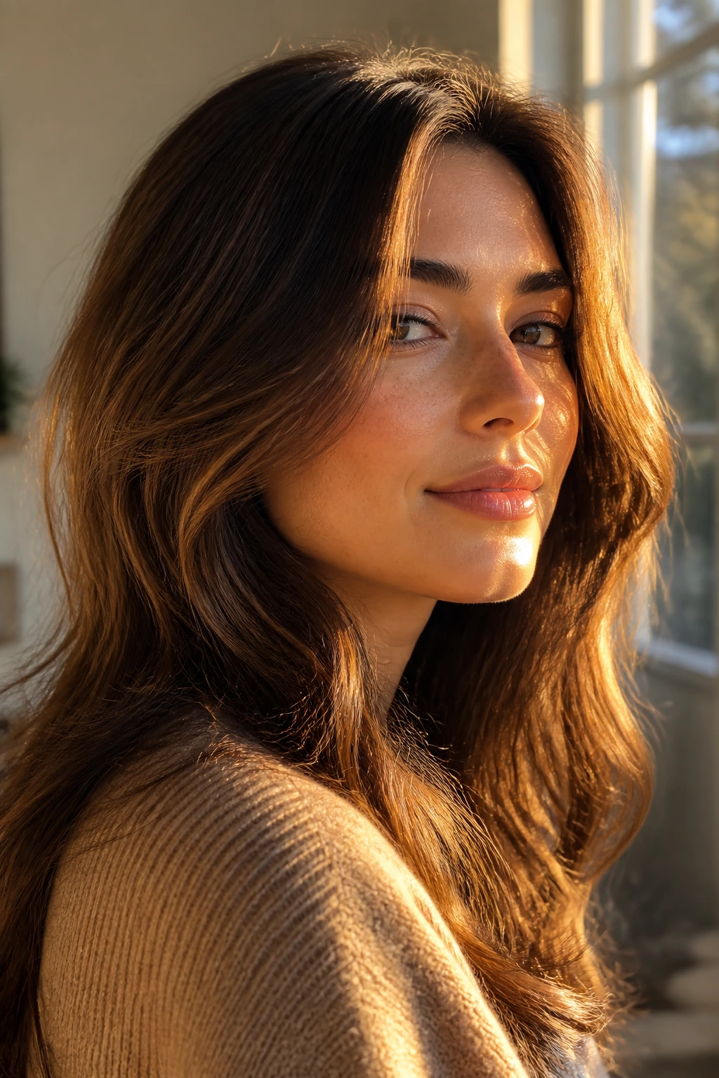 Real person in fall light with brunette hair showing depth and reflections.
