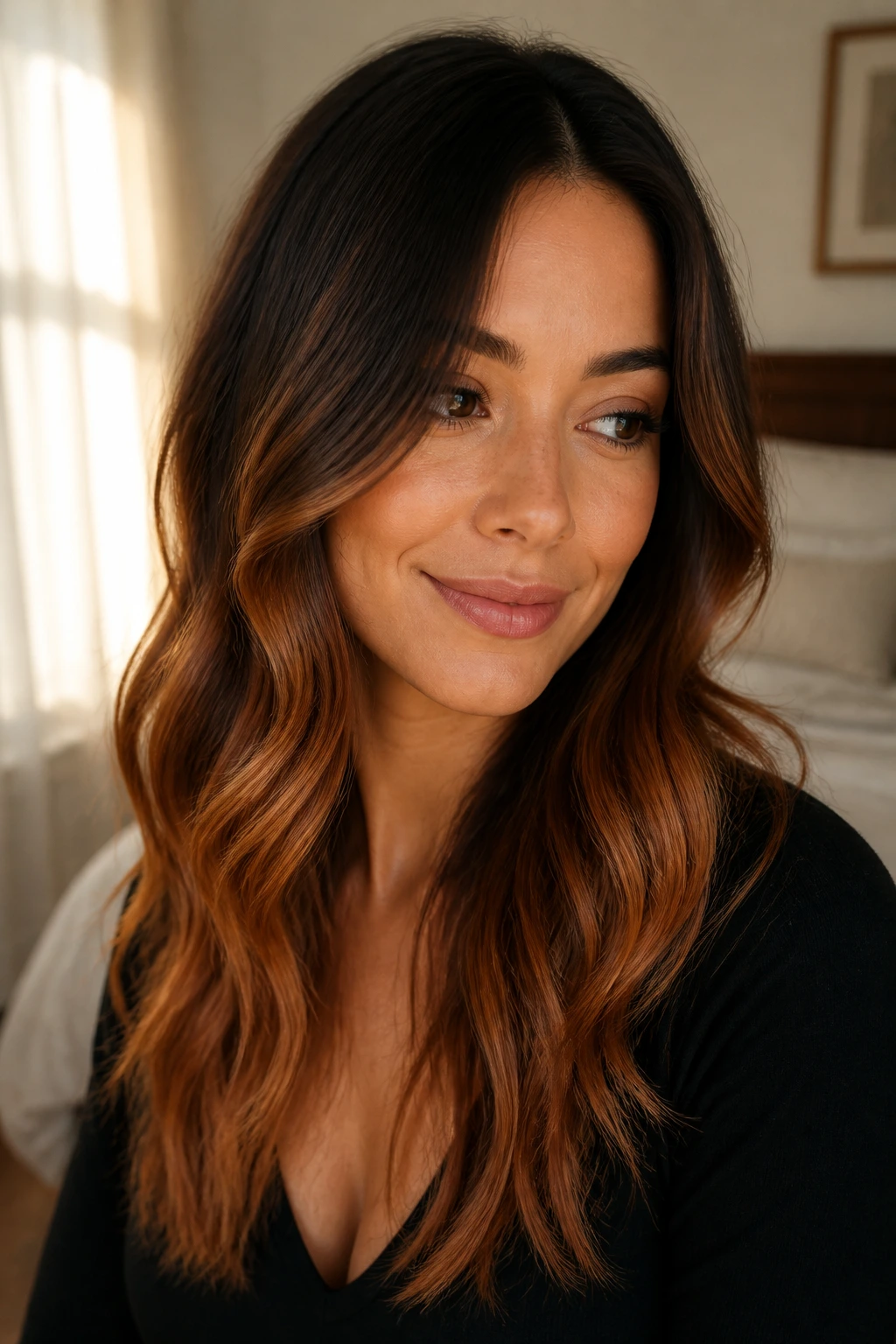 Close-up portrait showing fall ombre with rooted depth and warm copper tones on real person