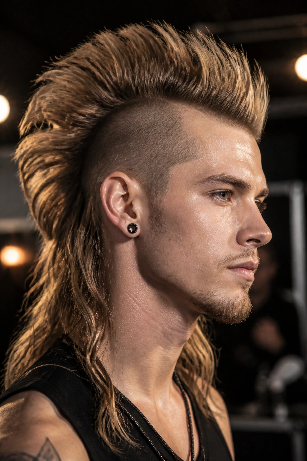 Close-up portrait of a real person with a fan-back mohawk hairstyle.