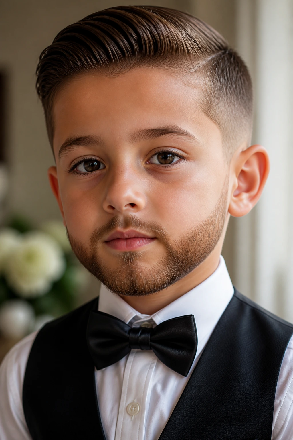 Close-up of boy with neat Fancy Gala beard in formal portrait setting