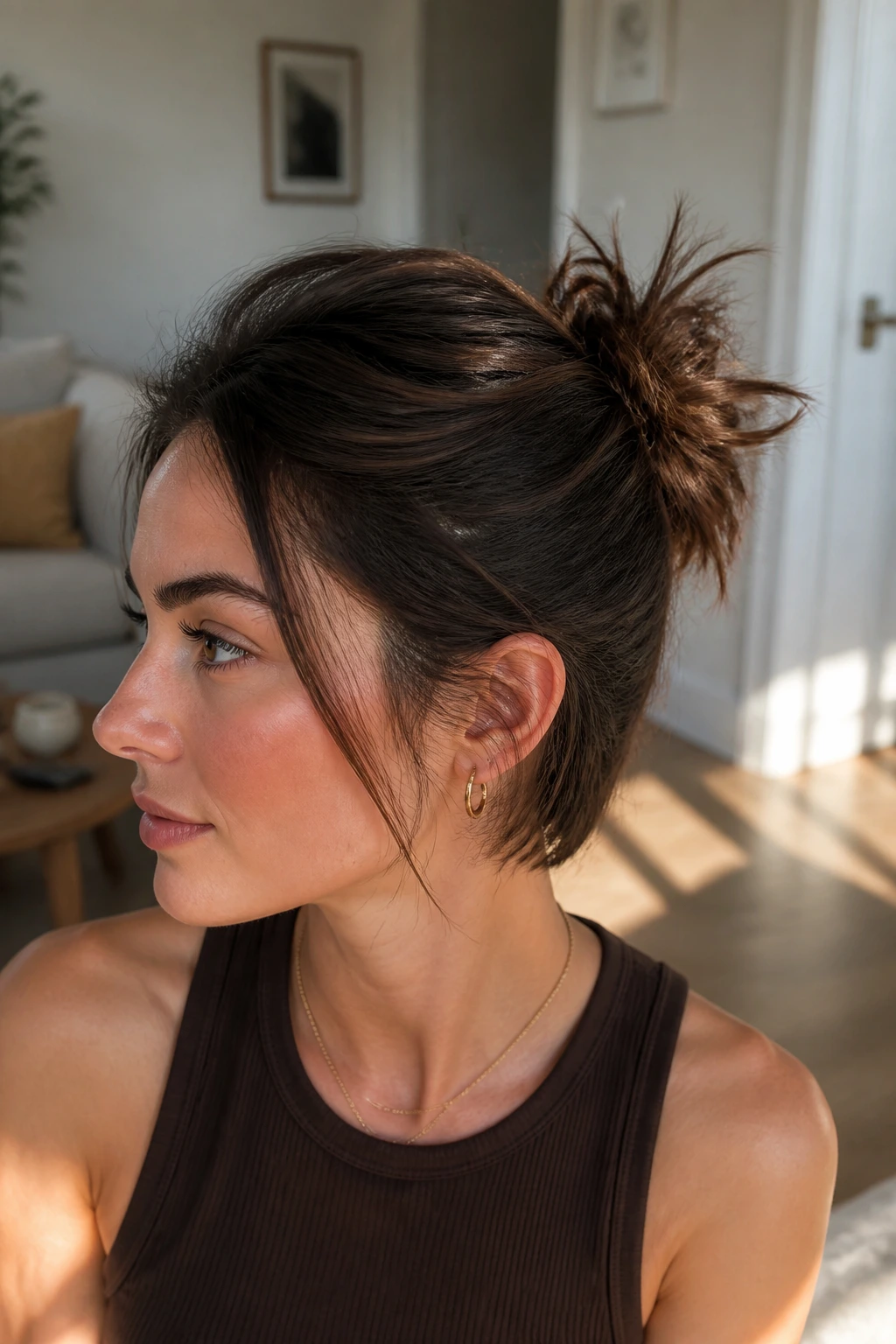 Real woman with fanned-out bun showing ends spread around base.