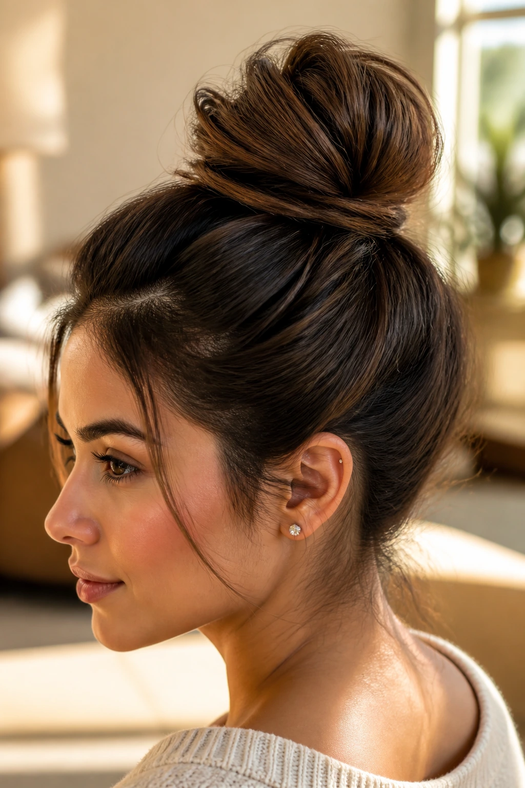 Close-up of a real woman with a fanned-out knot hairstyle.