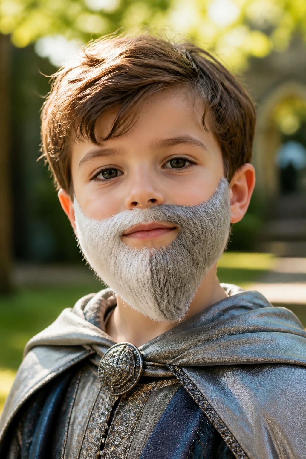 Boy wearing a fantasy color-blocked beard, close-up portrait.
