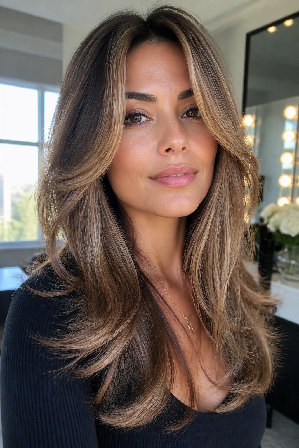Real person with Farrah-inspired layers and a modern bend framing the face