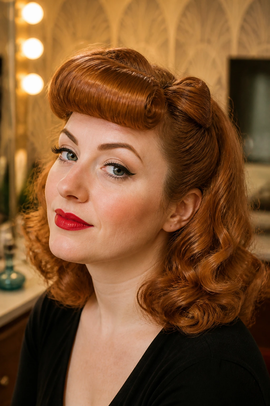 Close-up of a real woman with faux bangs and pin-up curls