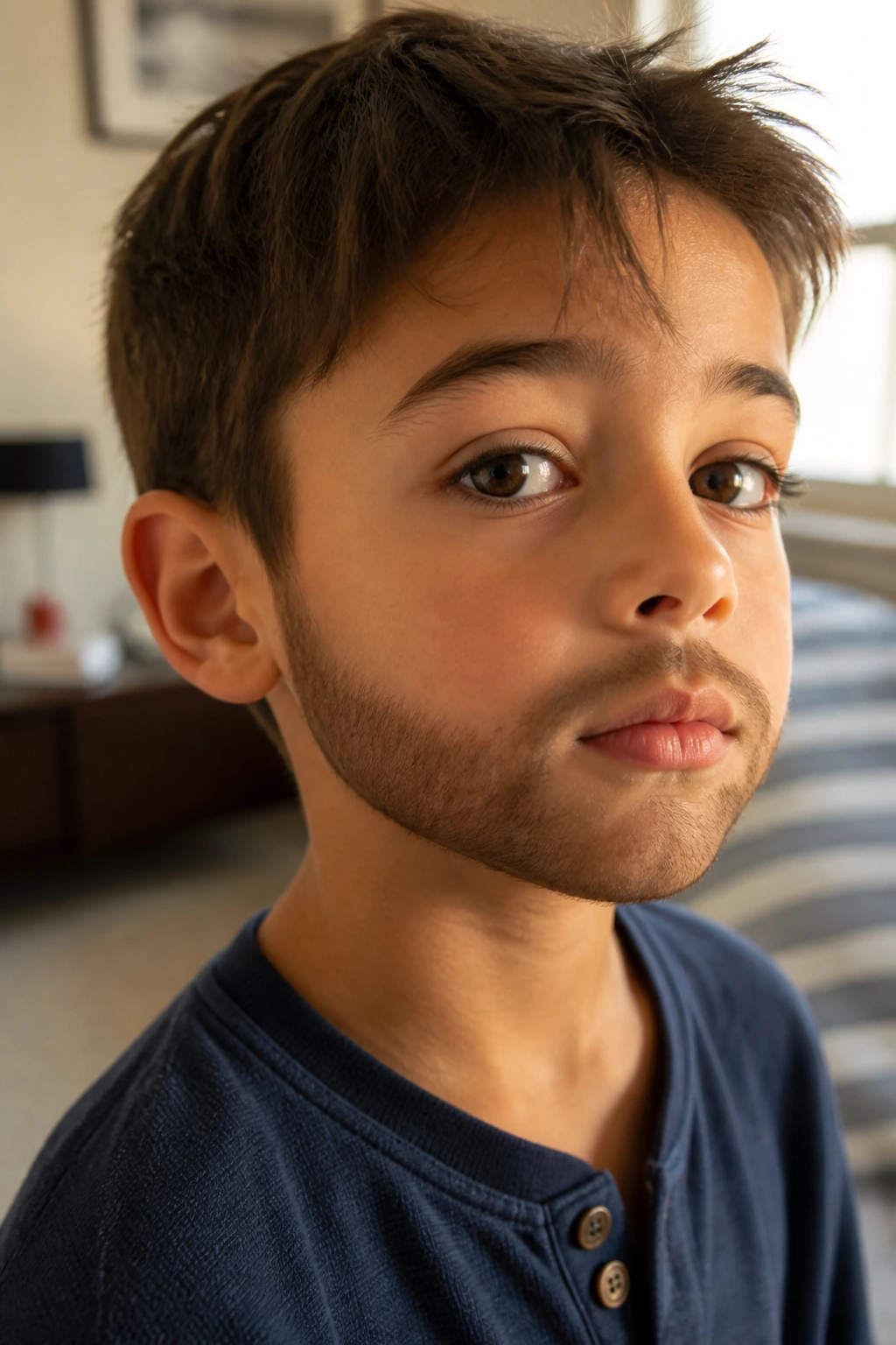 Close-up of a young boy with a soft faux beard shadow on the jaw and chin