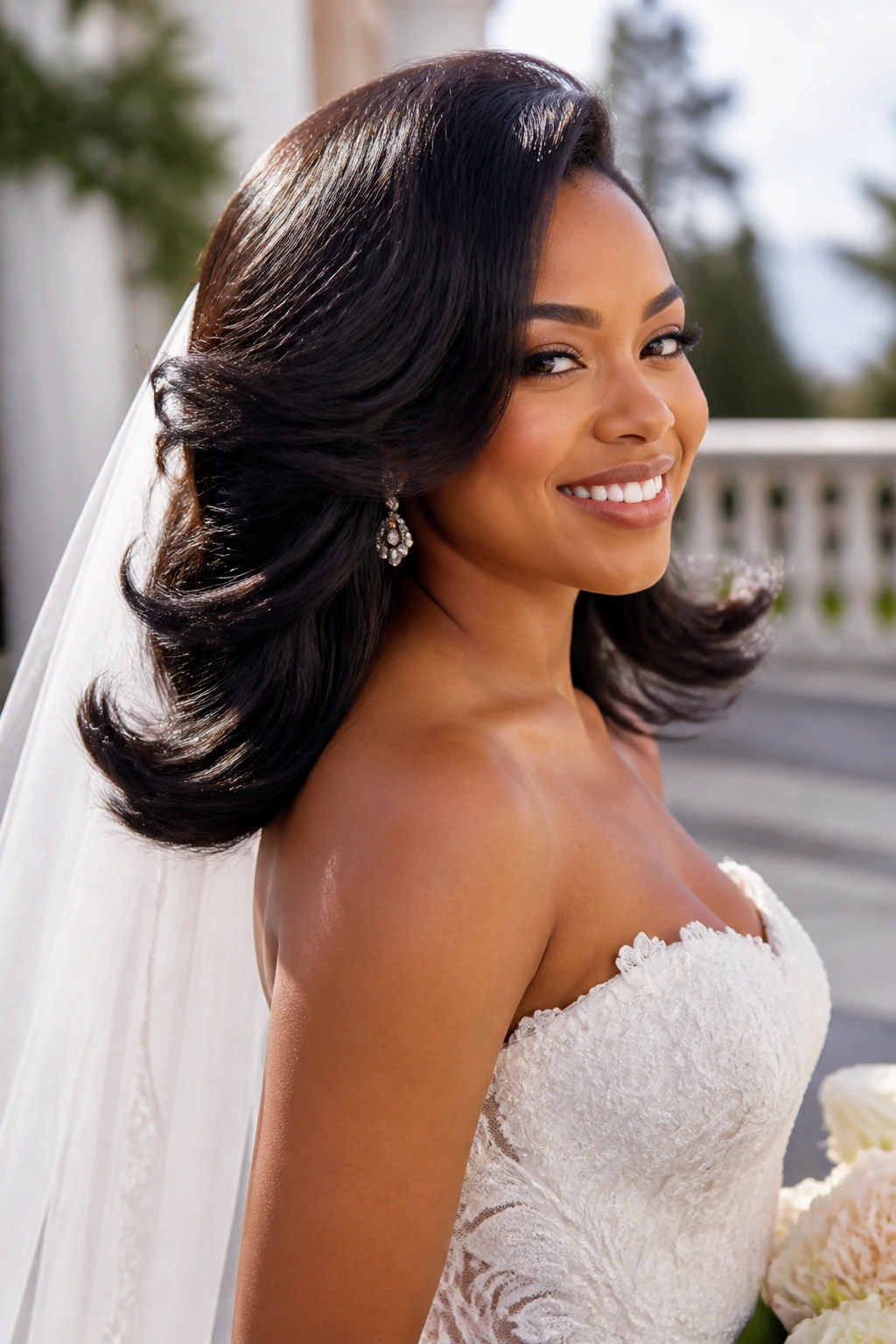 Close-up of a bride with a faux blowout and flipped ends.