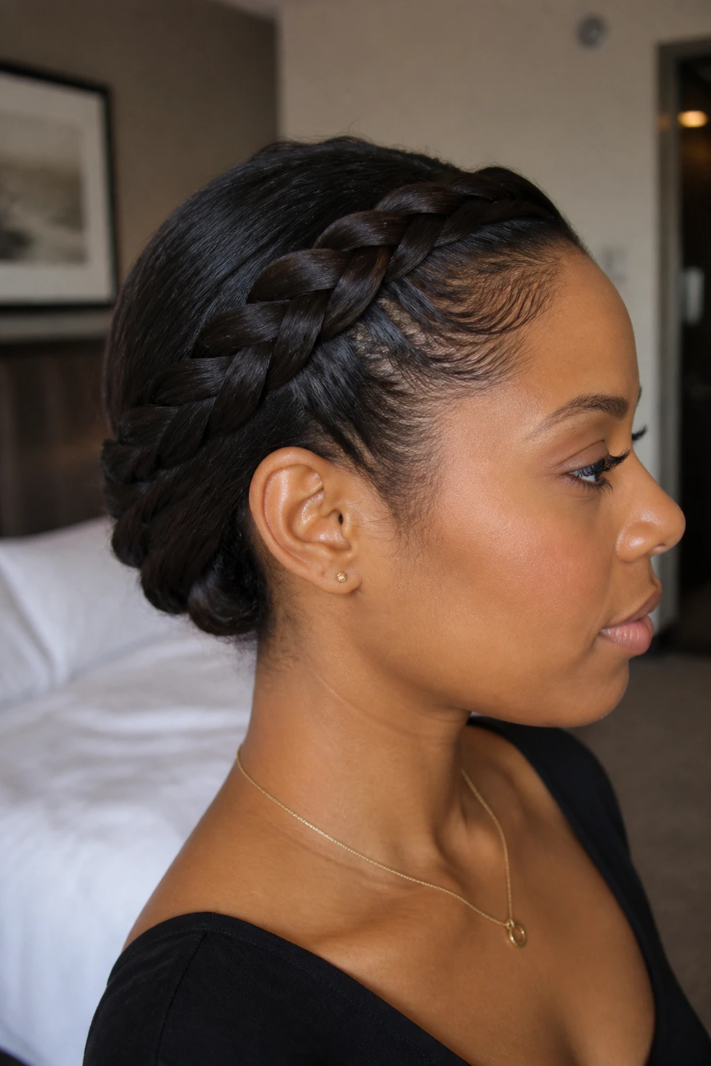Close-up of a real woman wearing a faux bob braid tucked under at the nape.