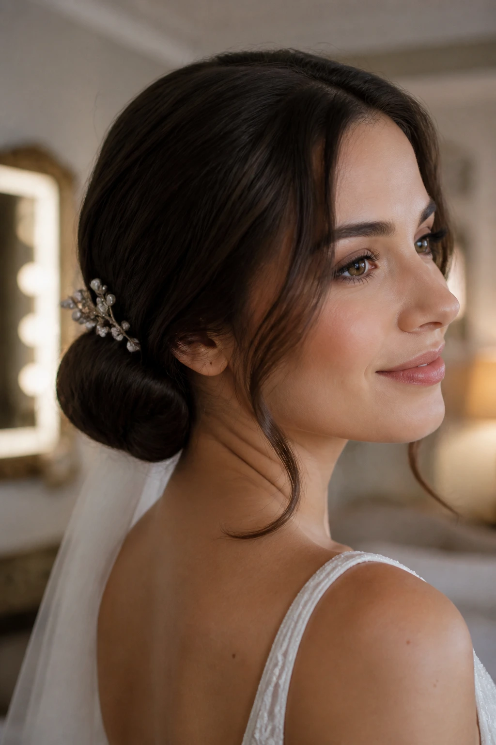 Bride with faux bob tucked ends, neck visible