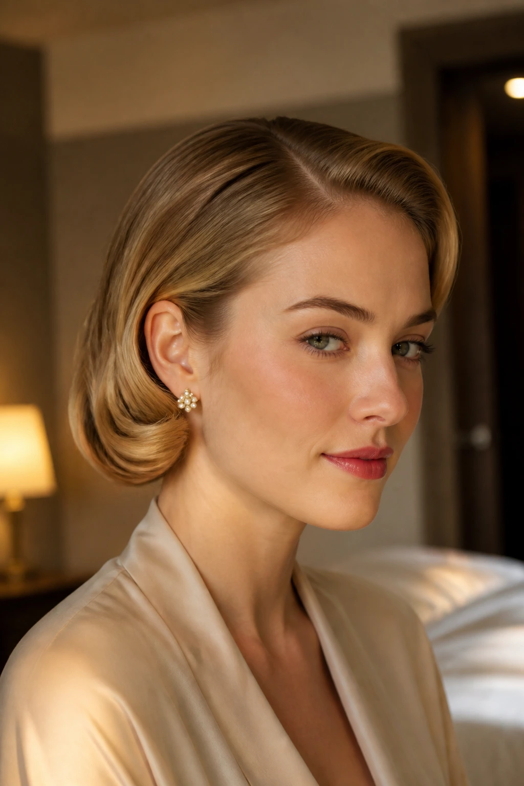 Portrait of a real woman with a faux bob and curled under ends in warm light.