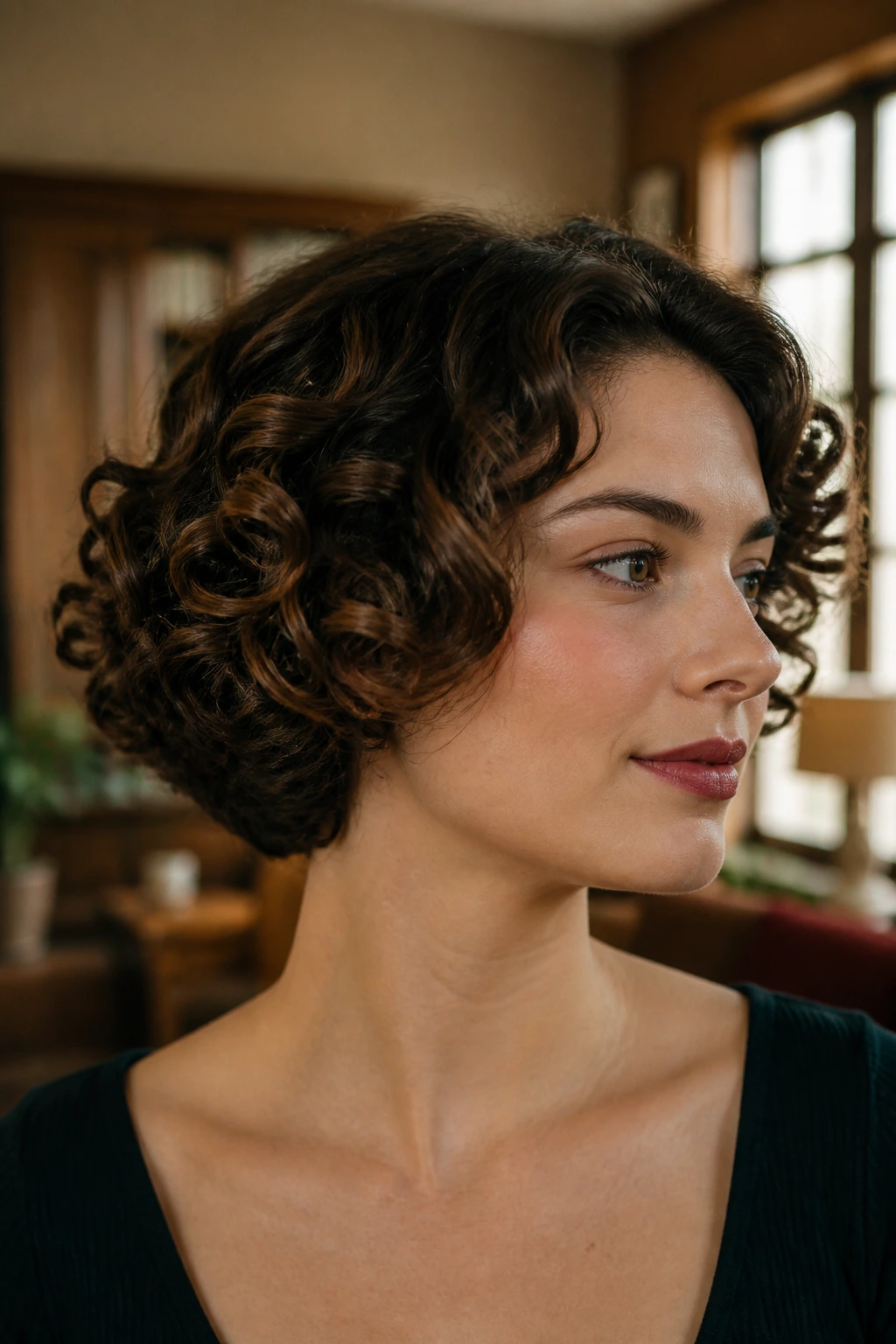Close-up of curly faux bob with tucked ends