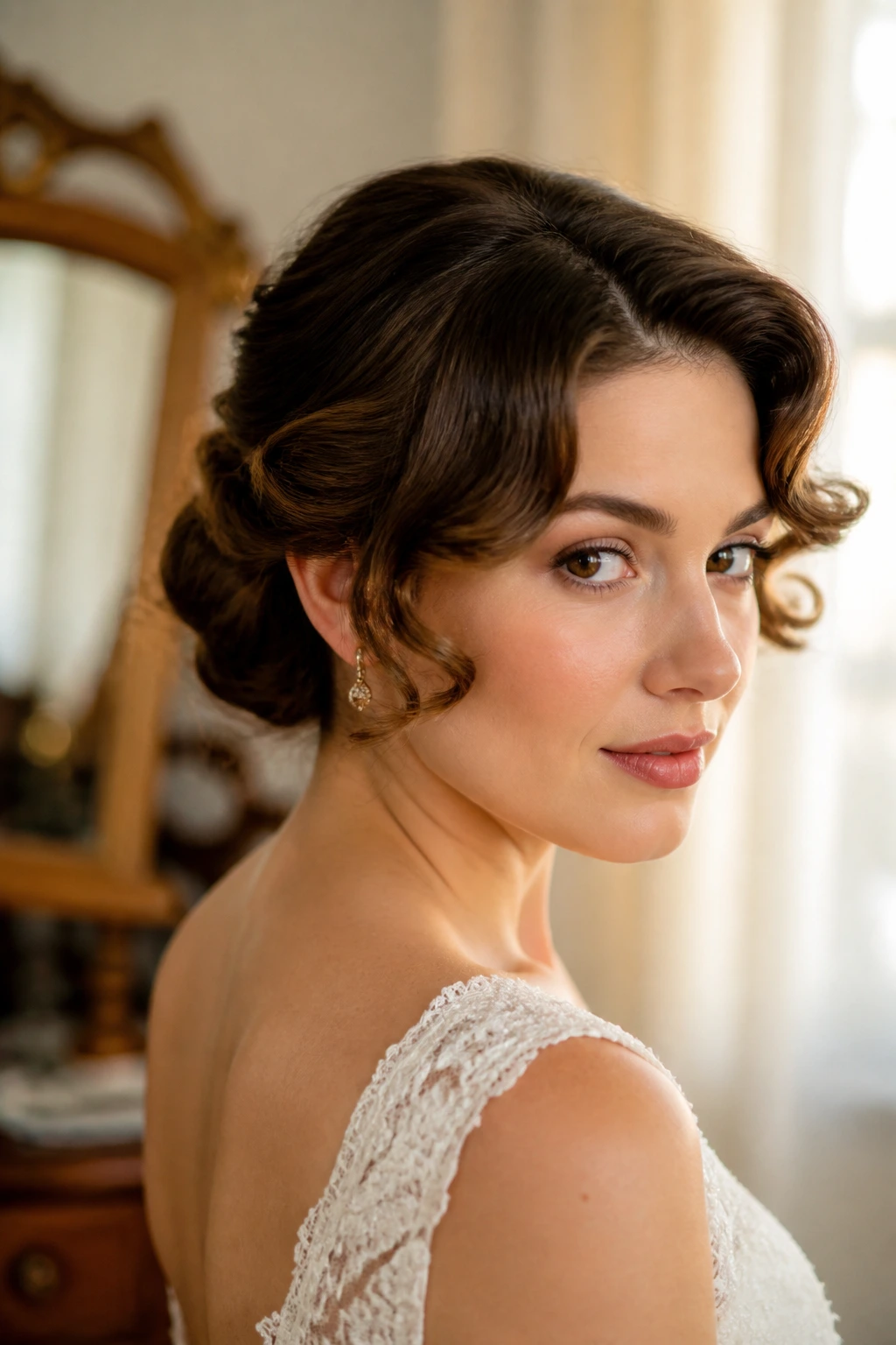 Close-up of a real bride with a faux bob created by tucking hair under and soft curls around the jaw.