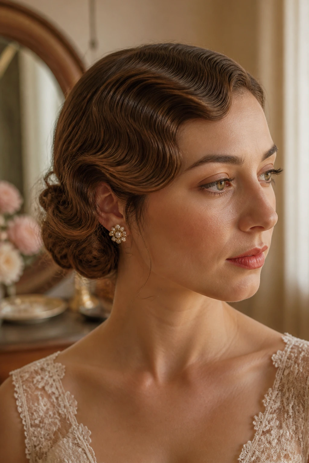 Close-up of a real woman with a faux bob and finger waves