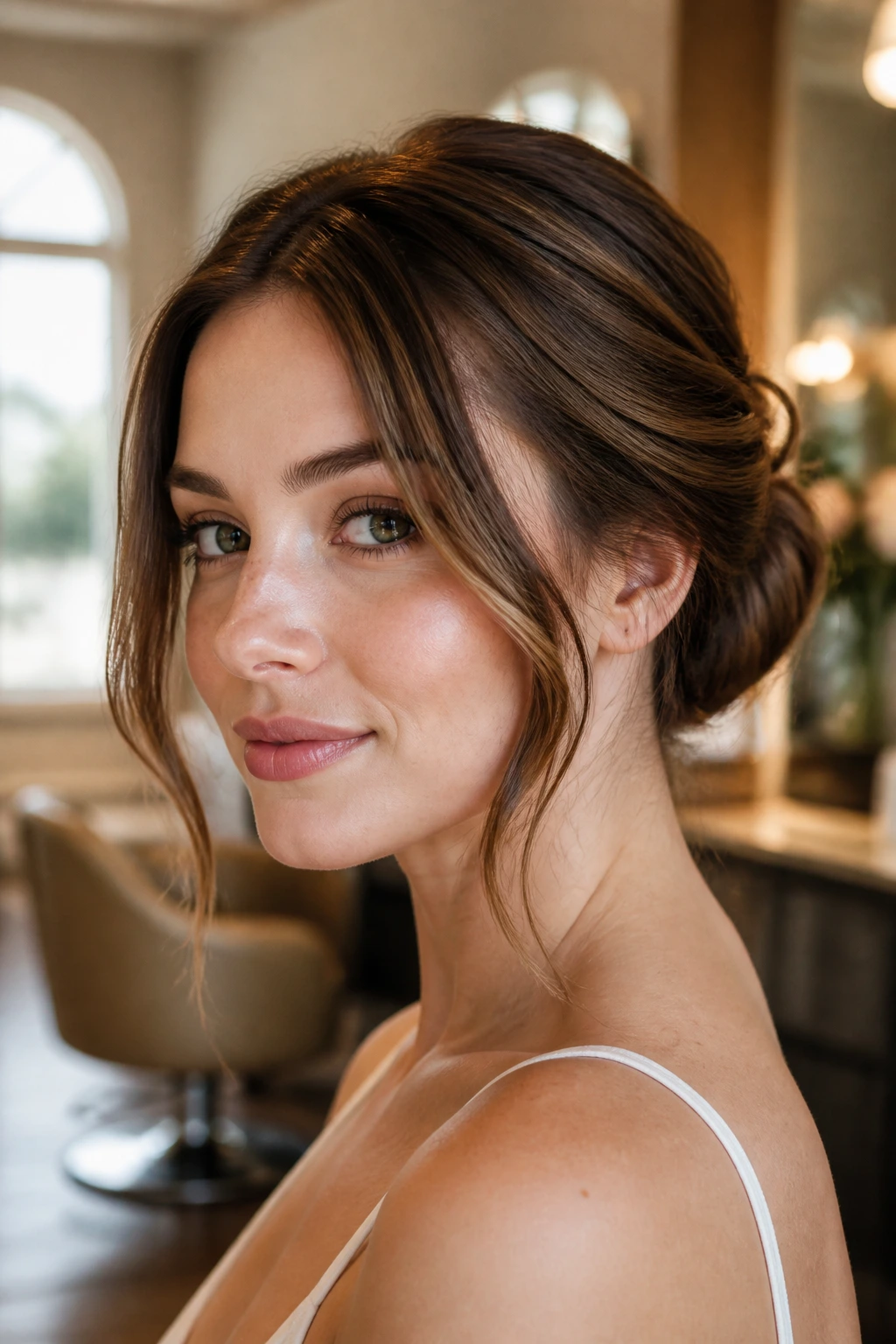 Close-up of a real woman with a faux bob and tucked-under ends, soft face-framing pieces