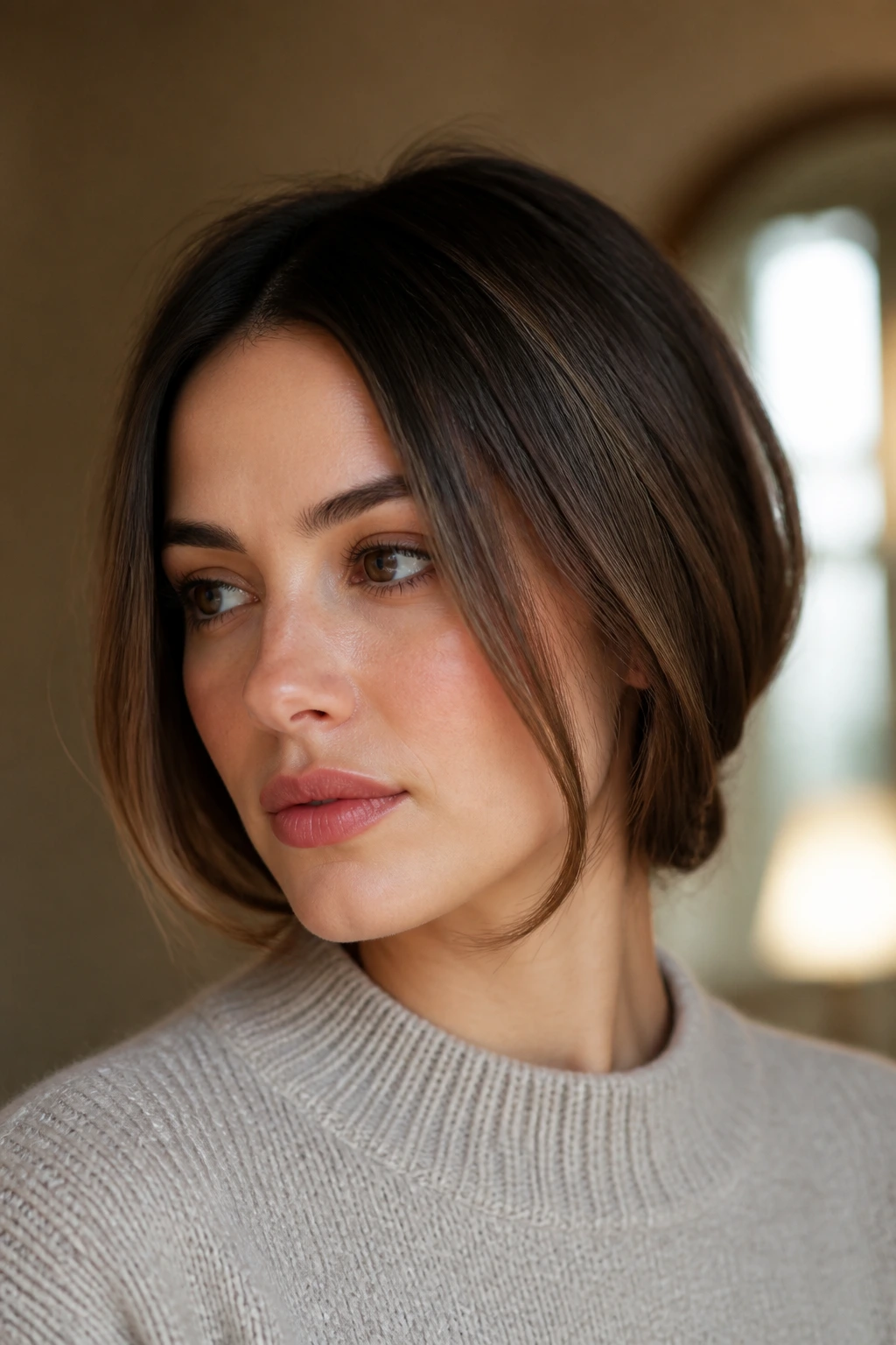 Person with tucked-in faux bob hairstyle