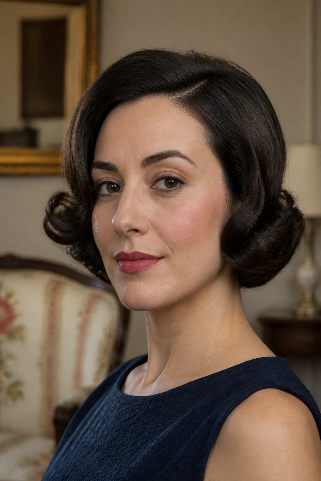 Real woman with sculpted faux bob, tucked-under hair forming jawline silhouette