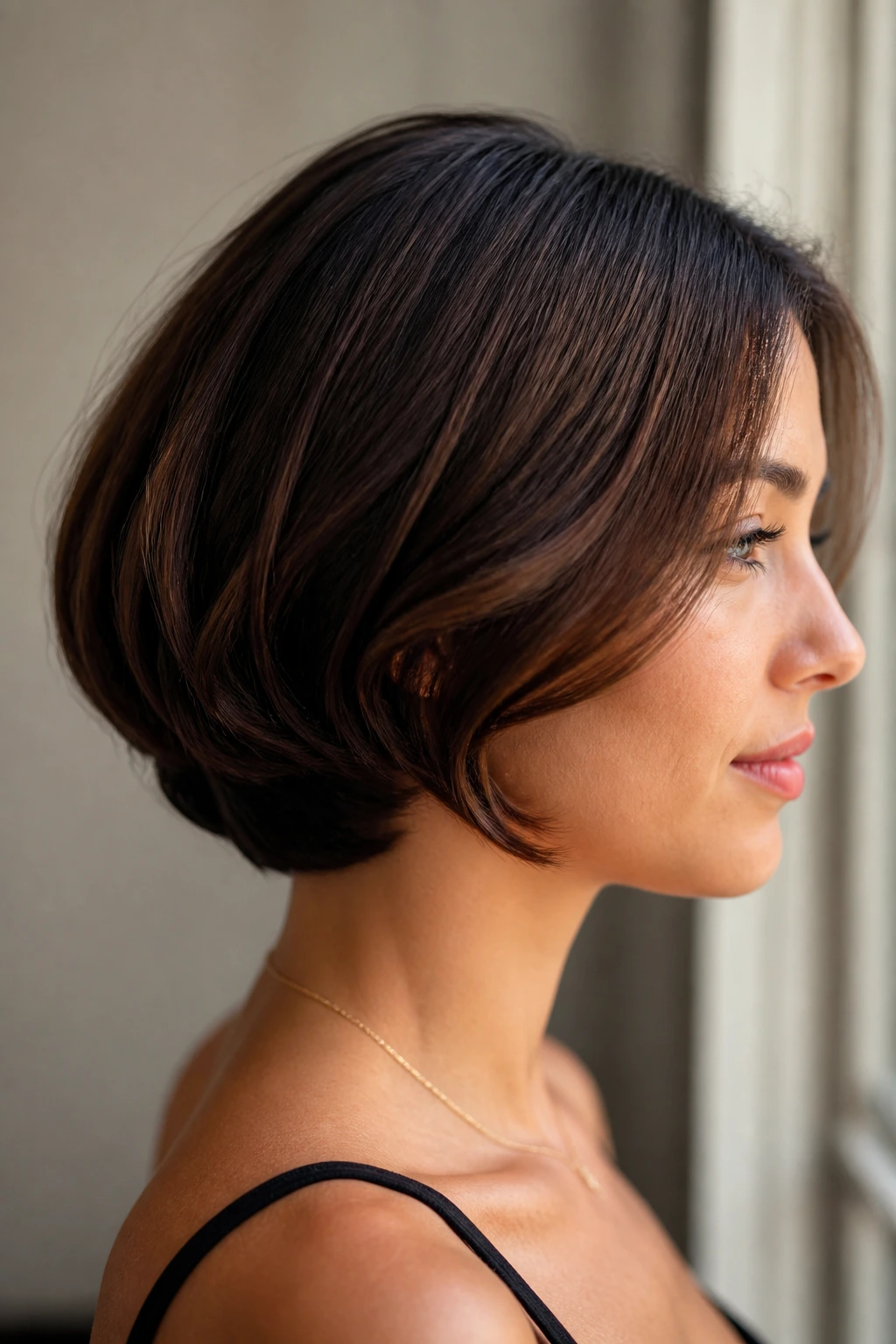 Close-up of a woman with a tucked-under faux bob hairstyle.