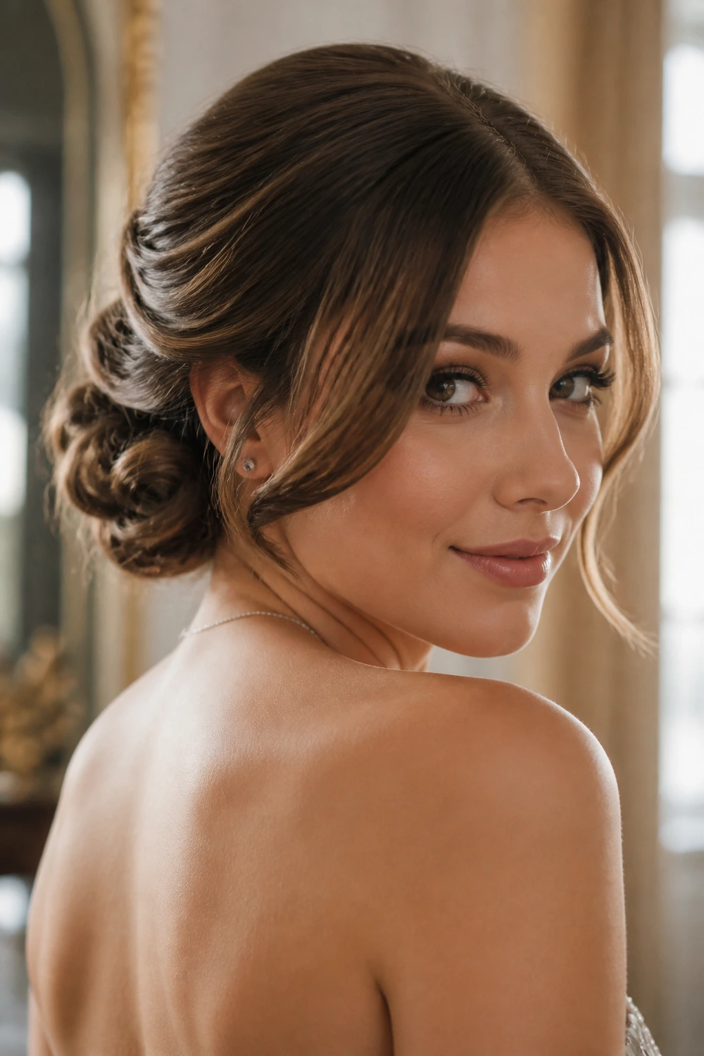 Close-up portrait of a real woman with a faux bob tucked at the nape in soft lighting