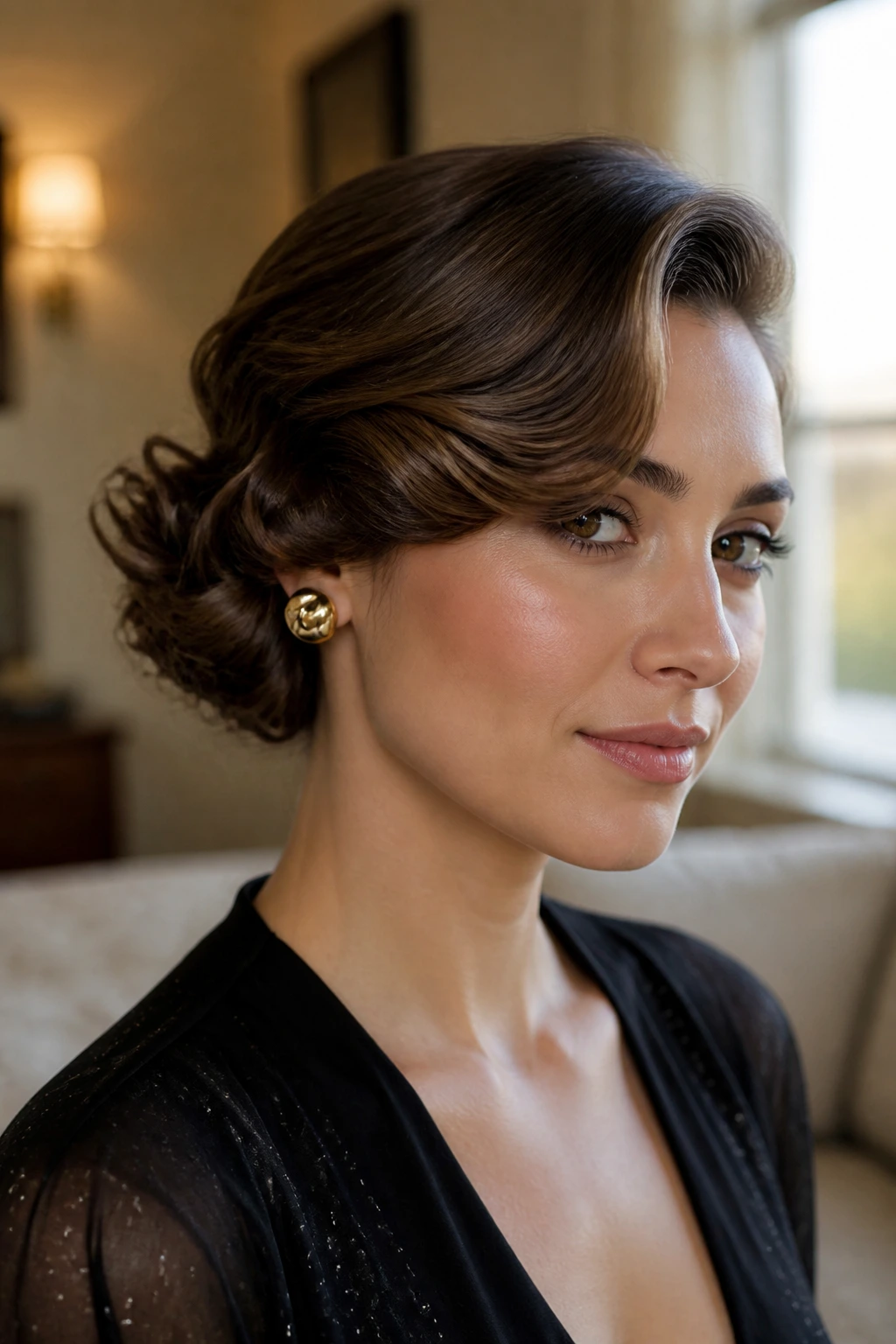 Portrait of a real person with a faux bob hairstyle.