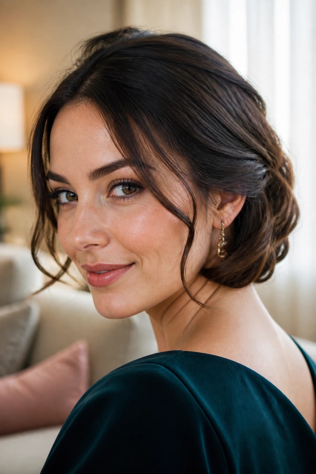 Close-up of a woman with faux bob achieved by hidden pins under curled ends.