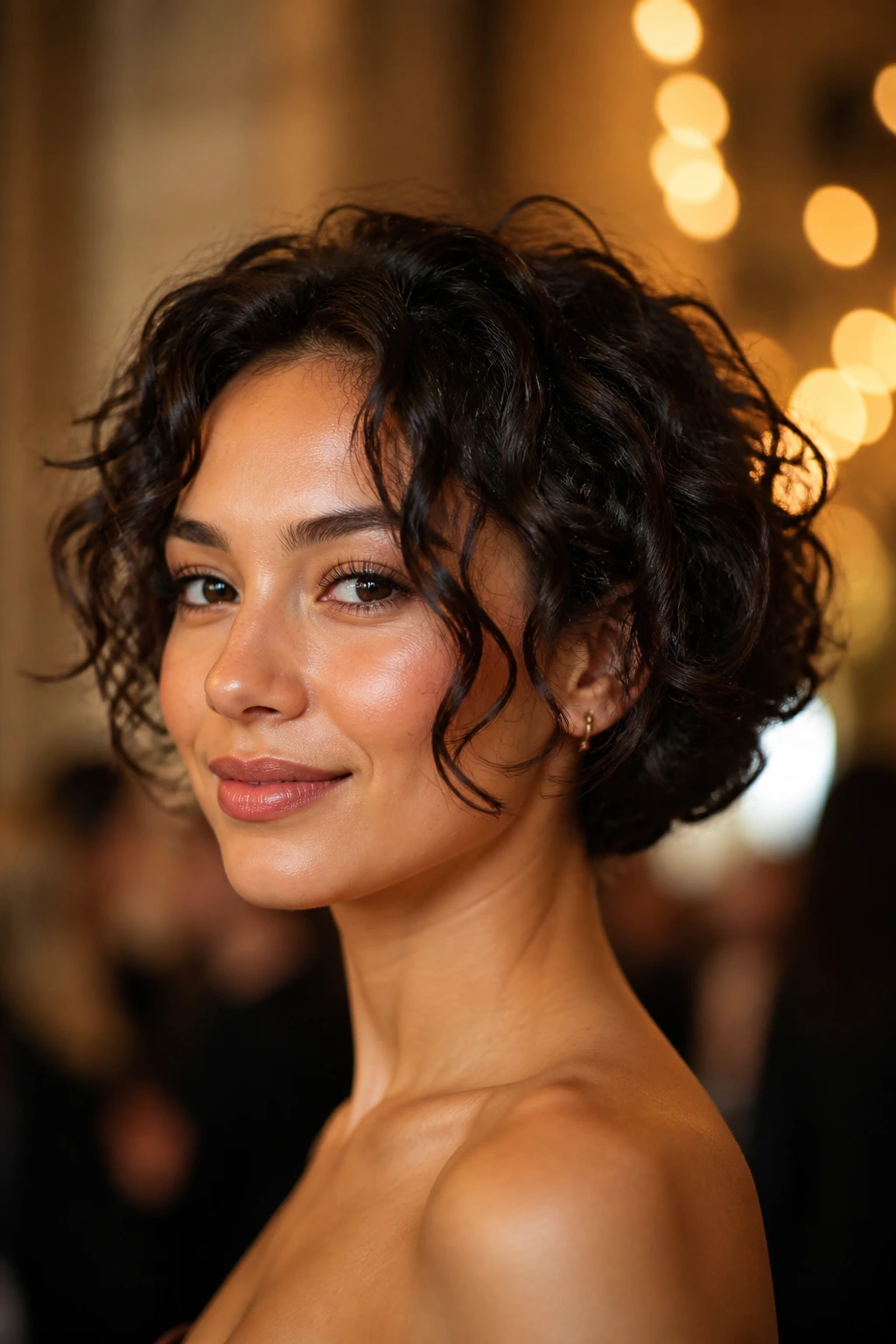 Real woman with a faux bob created by hidden pins and tucked ends.