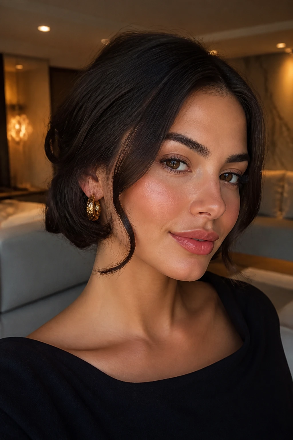 Close-up of Faux Bob illusion on a real woman with tucked-under hair