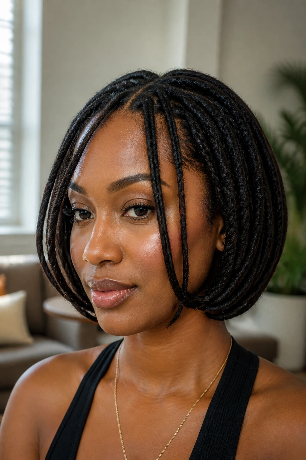 Close-up of a real woman with tucked-under locs forming a faux bob