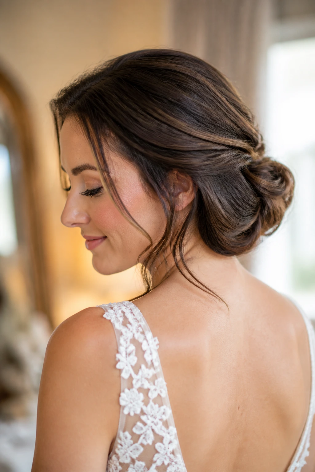Portrait of a bride with a faux bob created by tucking long hair under.