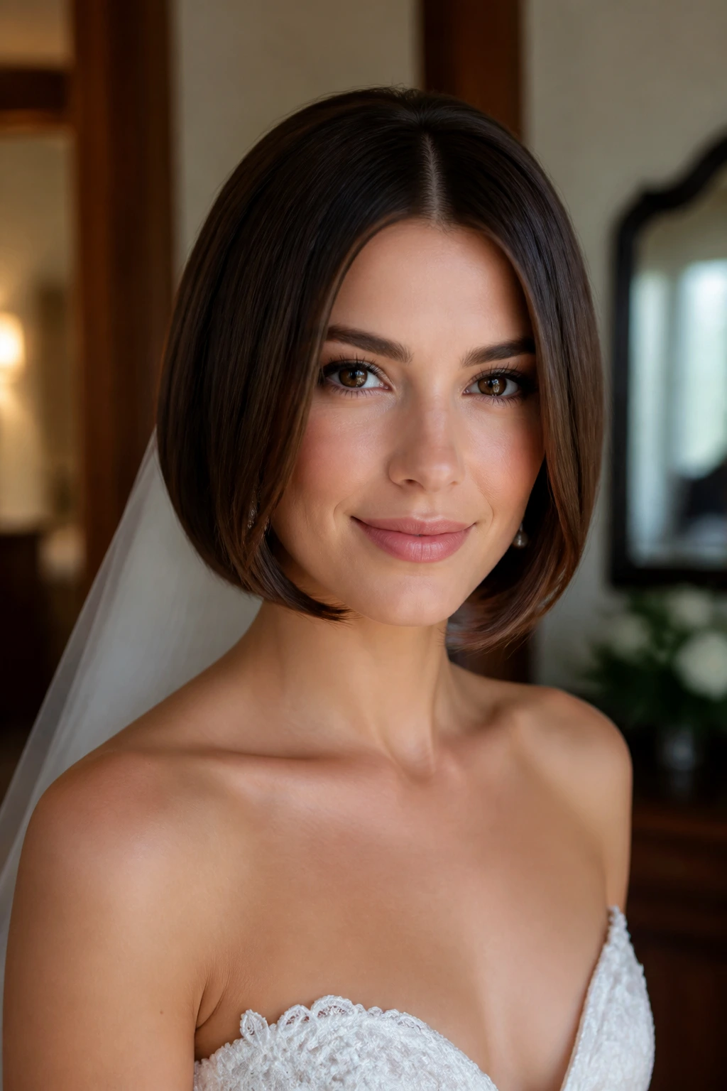 Close-up of a real bride with a faux bob hairstyle