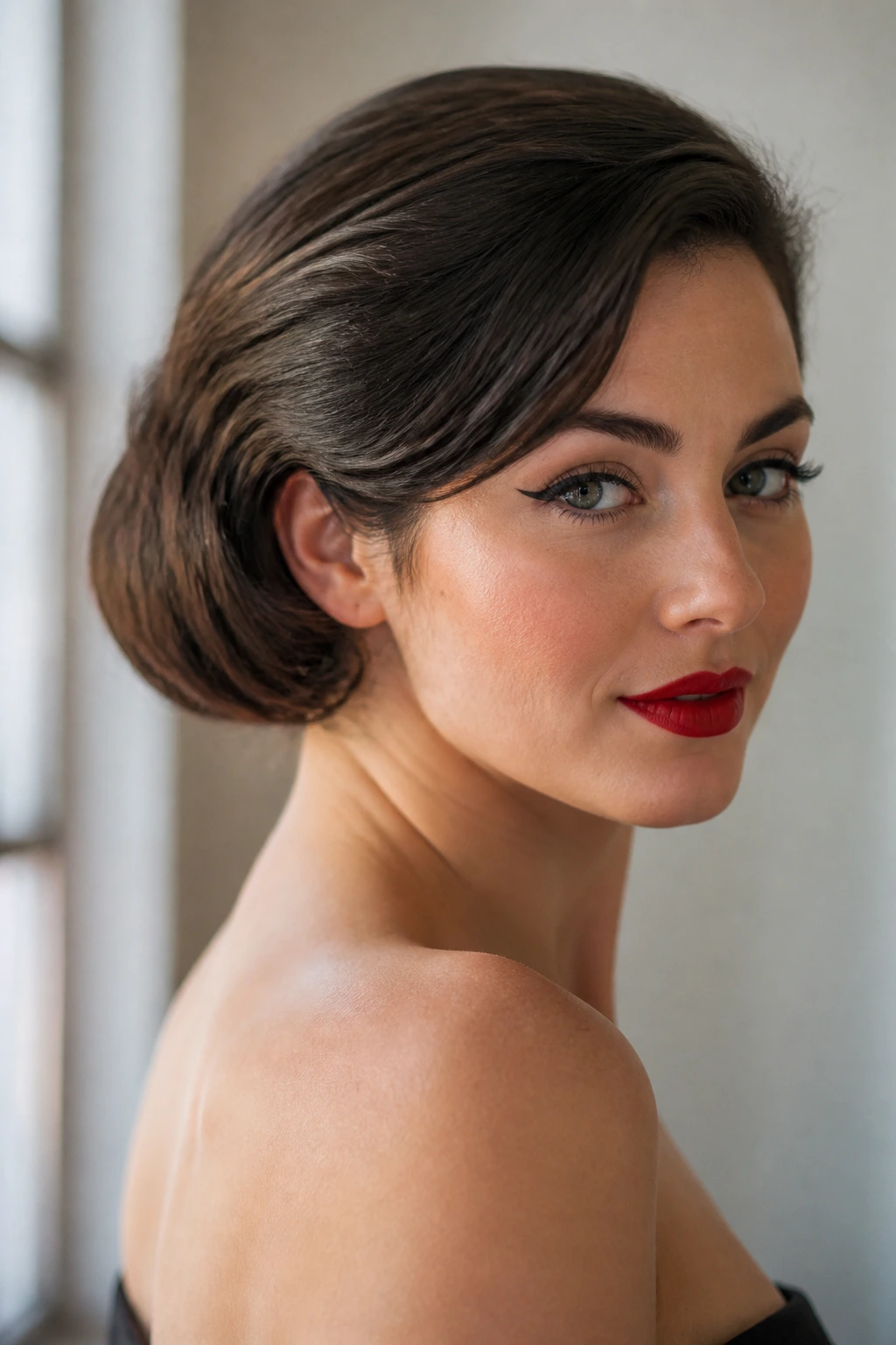 Portrait of real woman with faux bob pin-up hairstyle