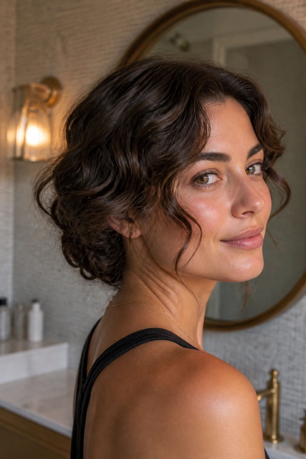 Close-up of a real woman showcasing a faux bob with hidden pins in a warm bathroom