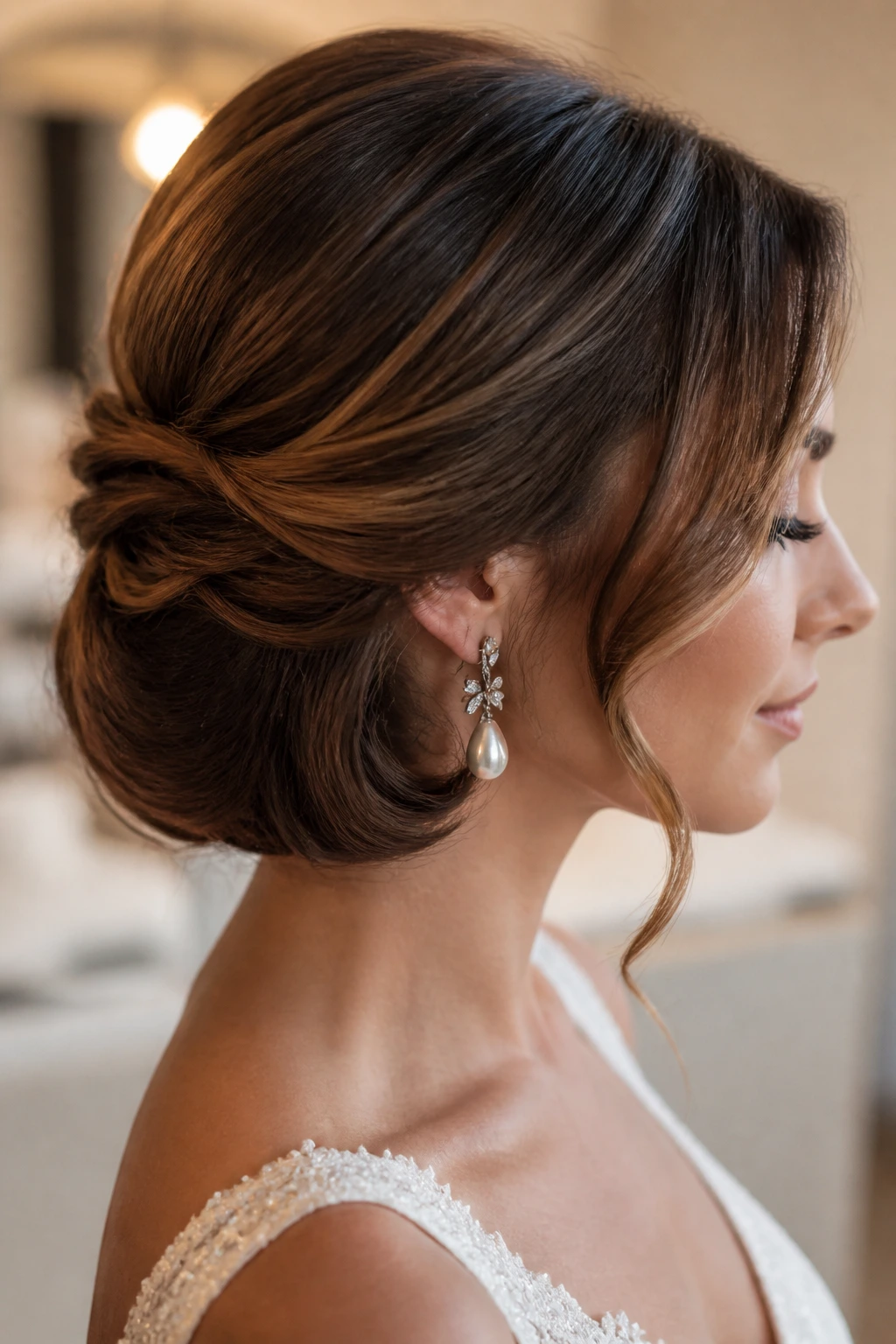 Close-up of a real bride showing a Faux Bob with Soft Pins, hair tucked and pinned for a shorter silhouette