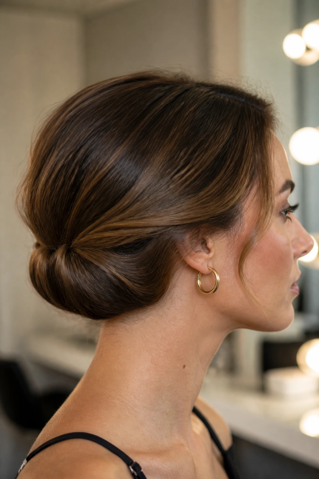 Profile of real woman with faux bob and hidden pins