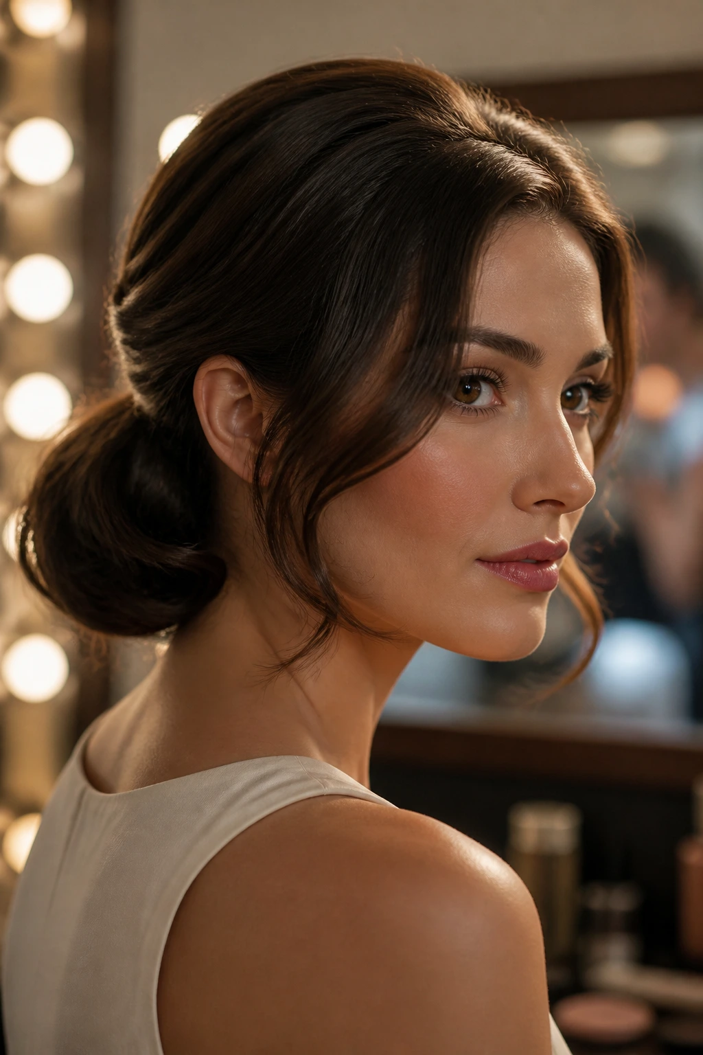 Portrait of a woman with a faux bob created from a low ponytail