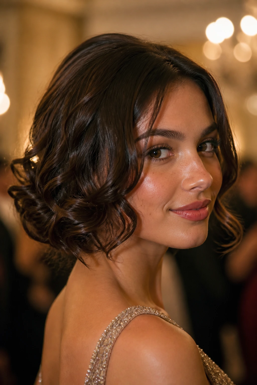 Close-up of a faux bob created from long hair with curled ends tucked under