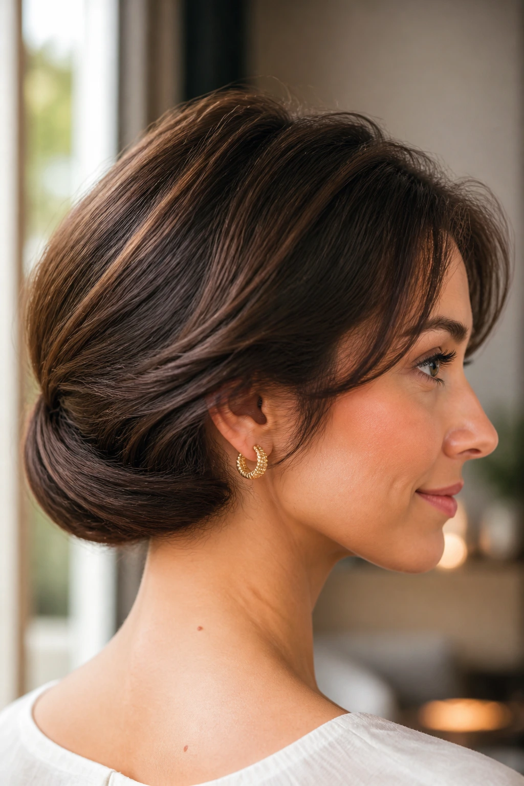 Close-up of a real woman with a tucked-under faux bob roll at the nape