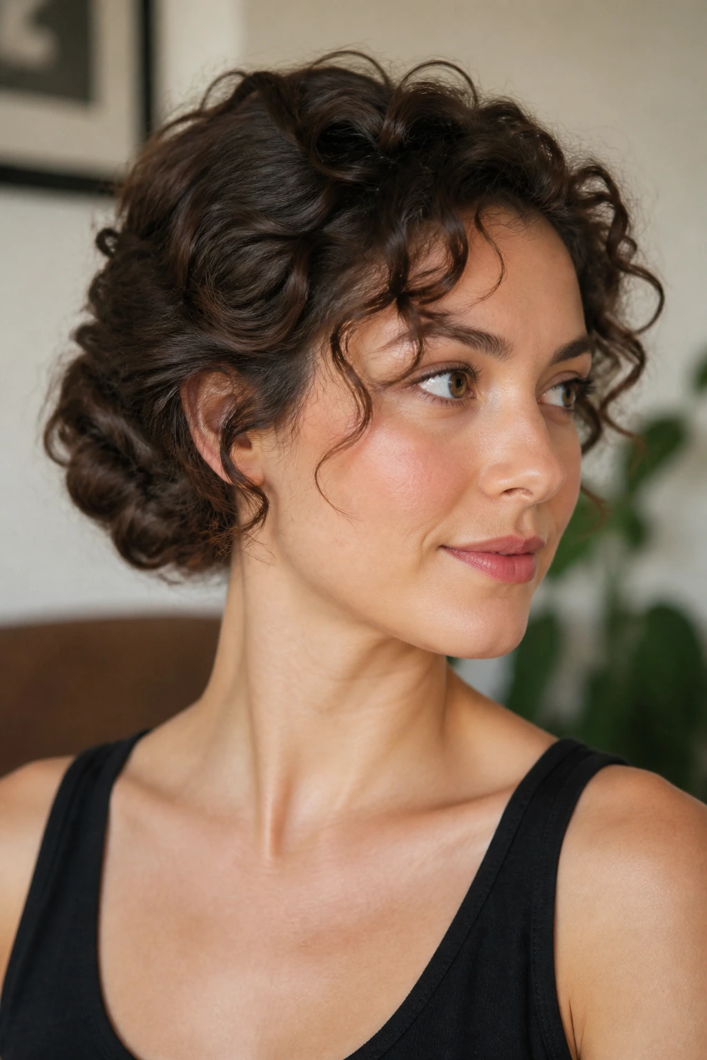 Close-up of a real person with a faux bob roll on short curly hair