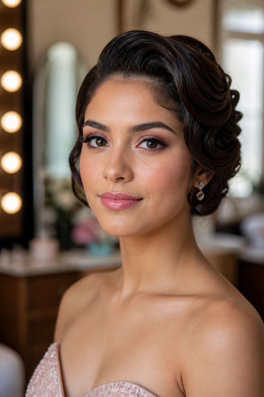 Close-up of a real woman showing a faux bob at jaw level