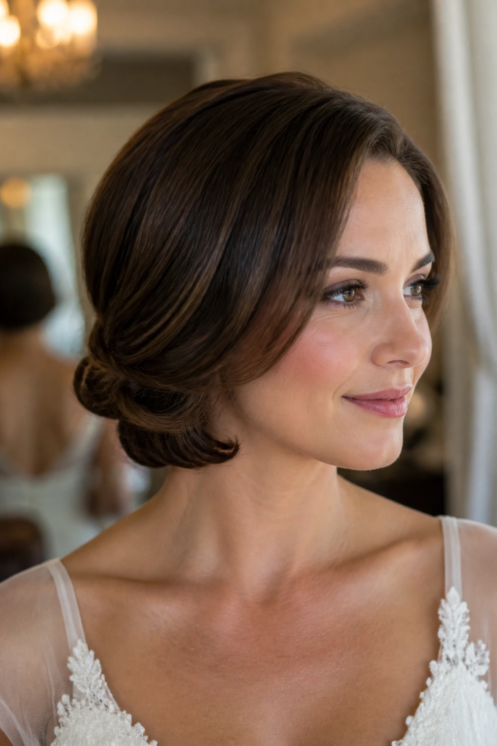 Close-up of a real bride showcasing a faux bob with softly tucked ends