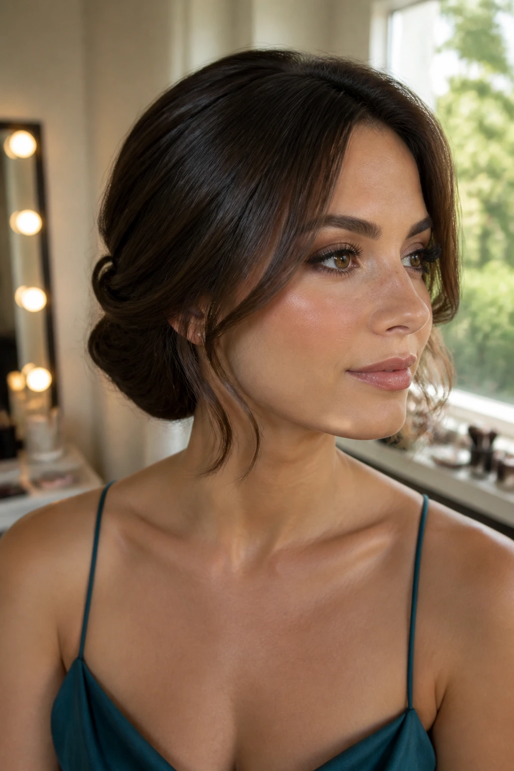 Close-up of a real woman with a faux bob showing tucked ends at the nape and soft face-framing layers.