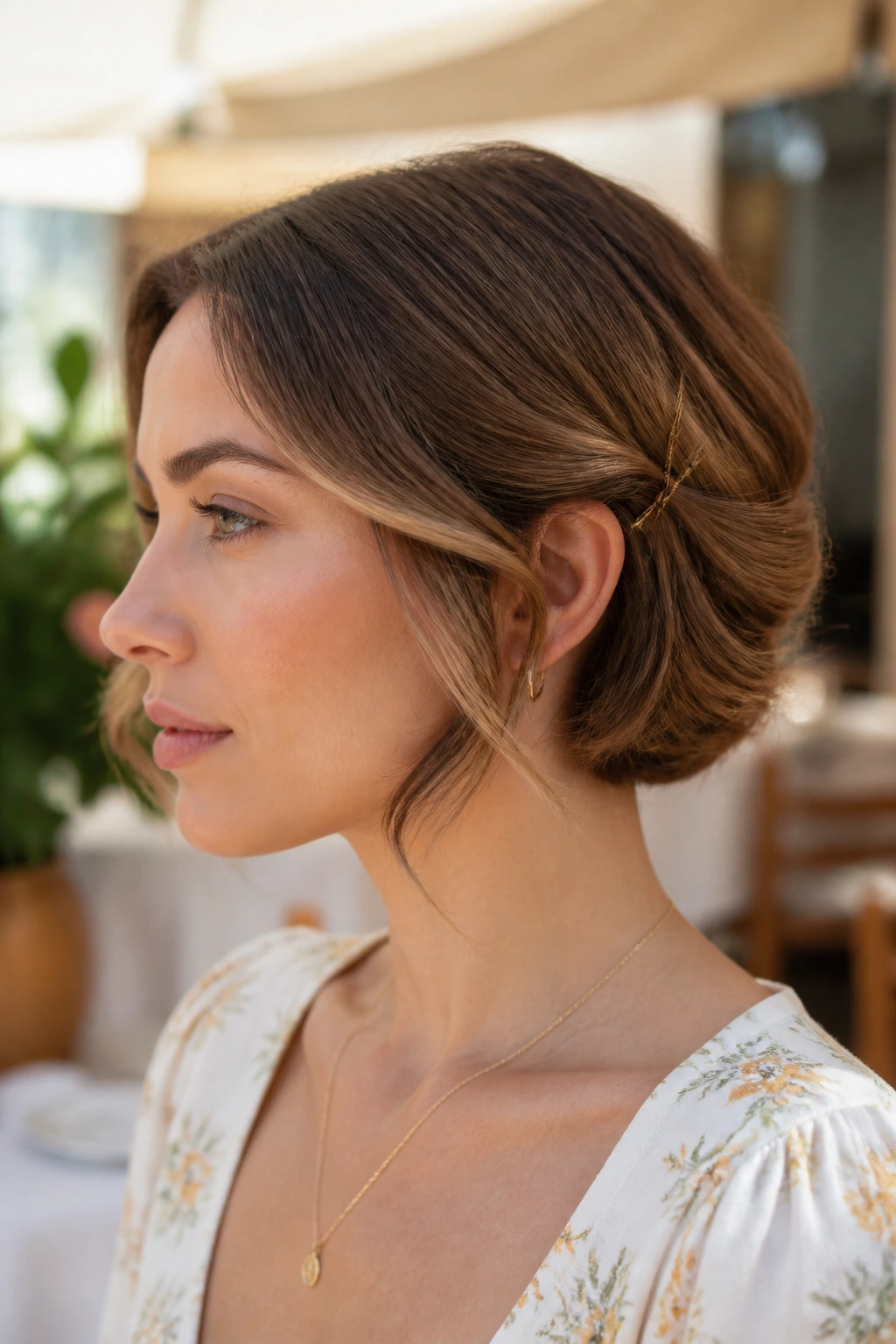 Real woman showing a faux bob tuck with tucked hair under.
