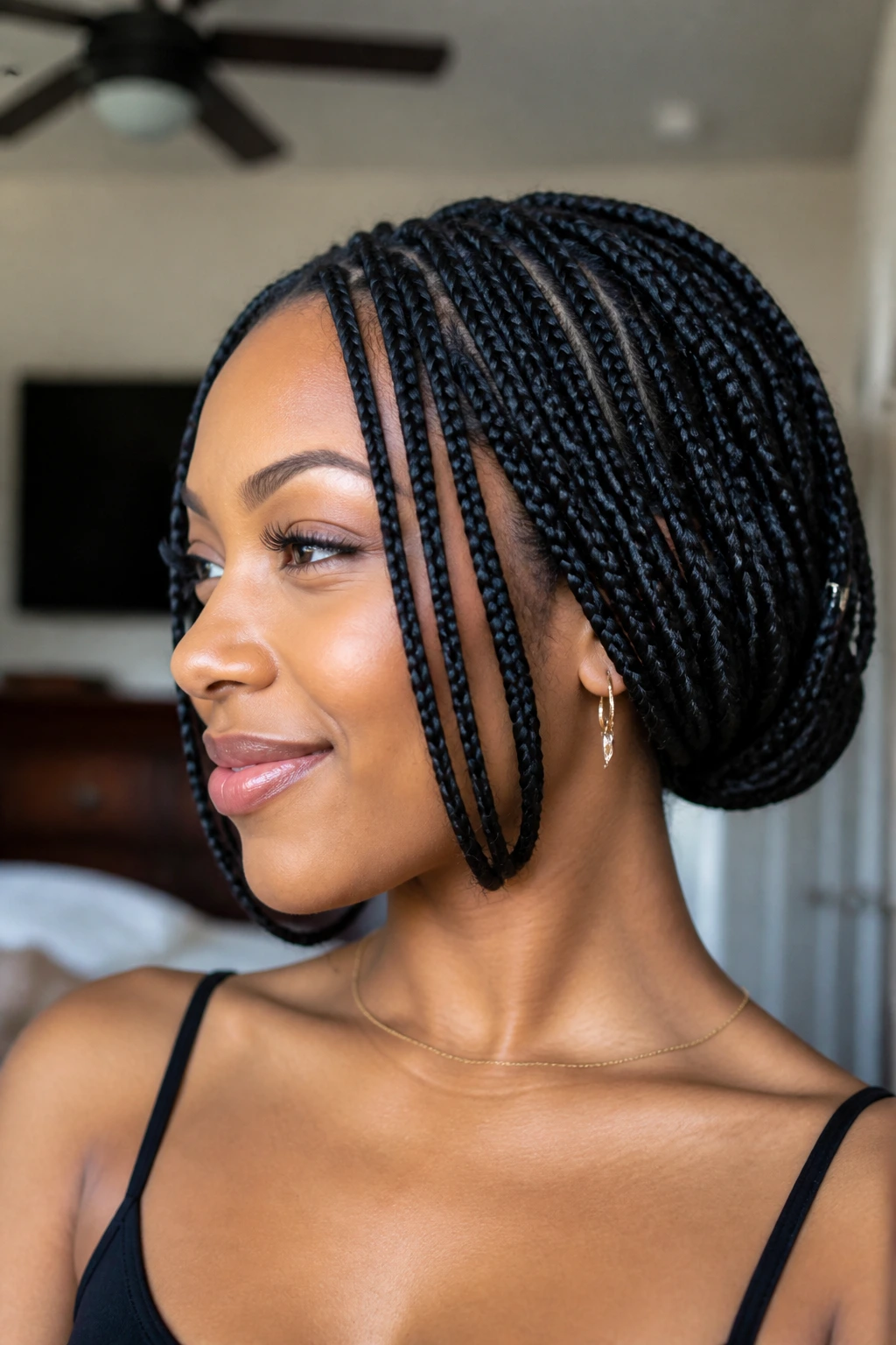 Close-up of a real person showing long braids tucked into a faux bob at the nape