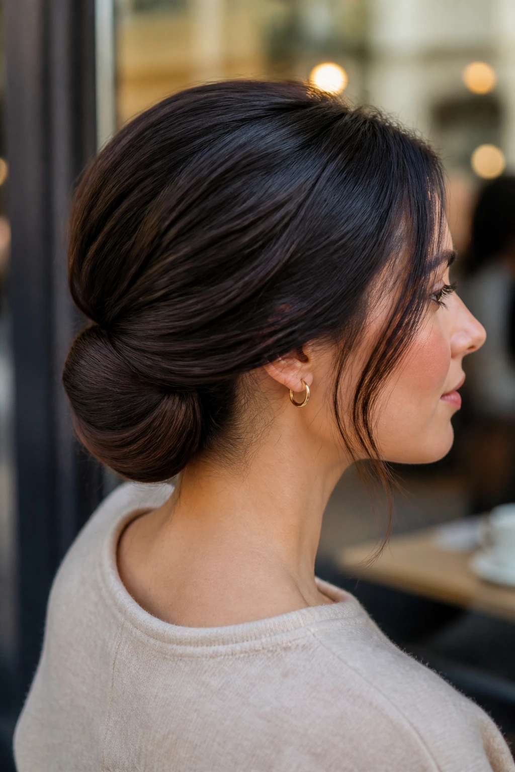 Profile of a real person with a low tucked bun under cafe-window light.