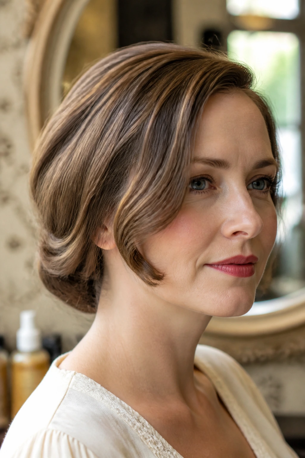 Close-up of a real woman with a tucked-under faux bob at the nape