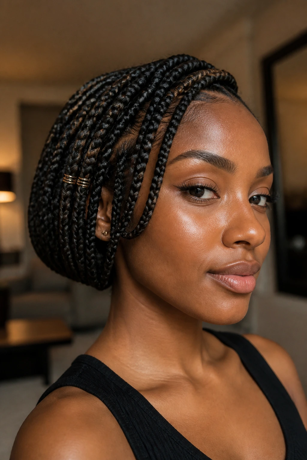 Portrait of person with faux bob look from tucking braids under