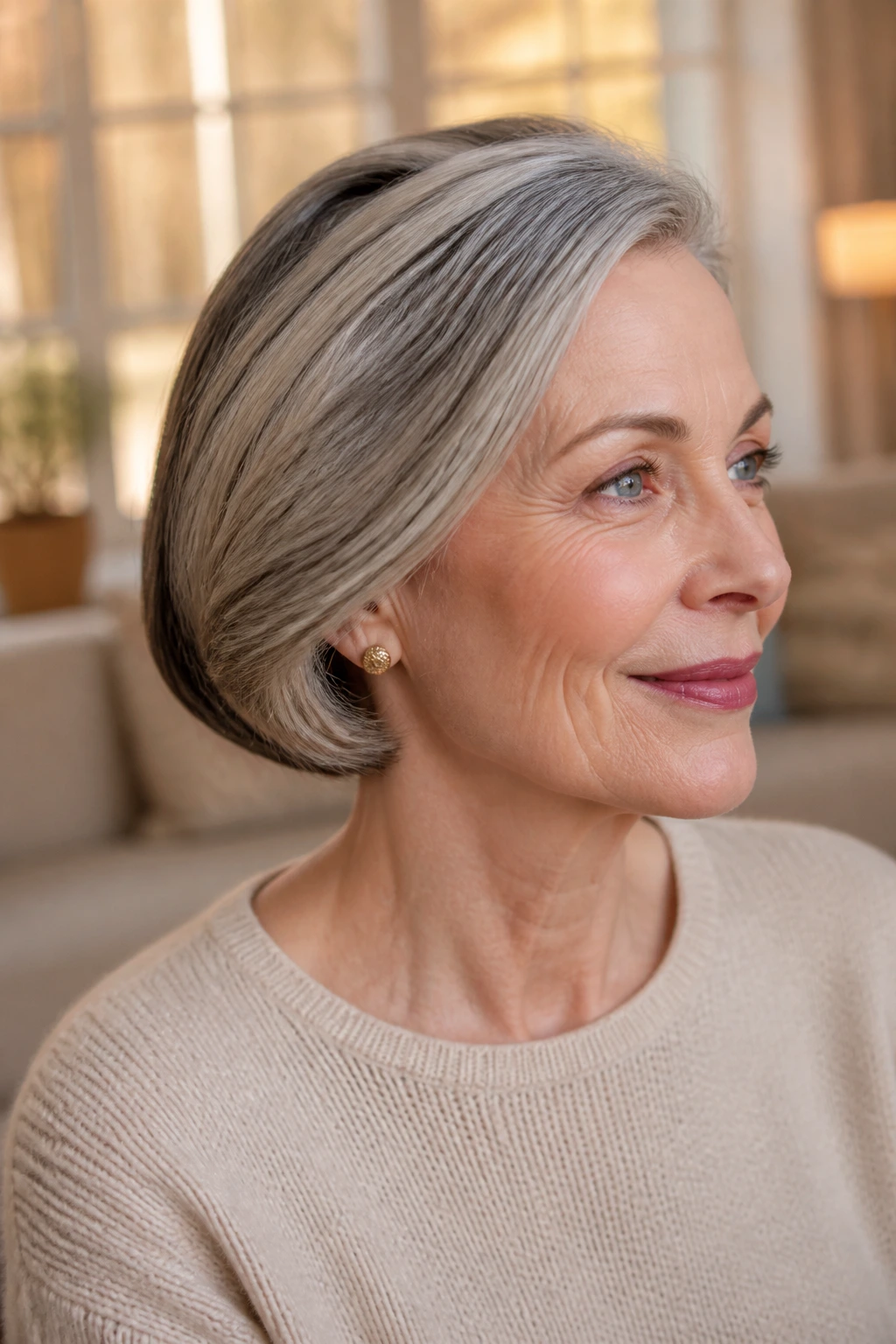 Close-up portrait of a real woman with a faux bob and tucked-under nape.